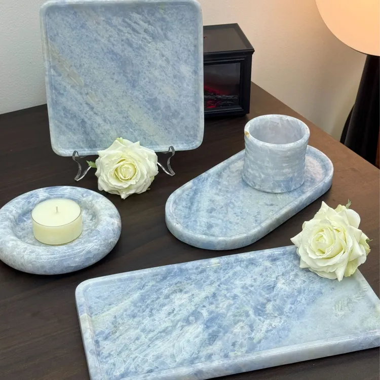 天然大理石蓝水晶家居托盘家用简约复古创意香薰摆件