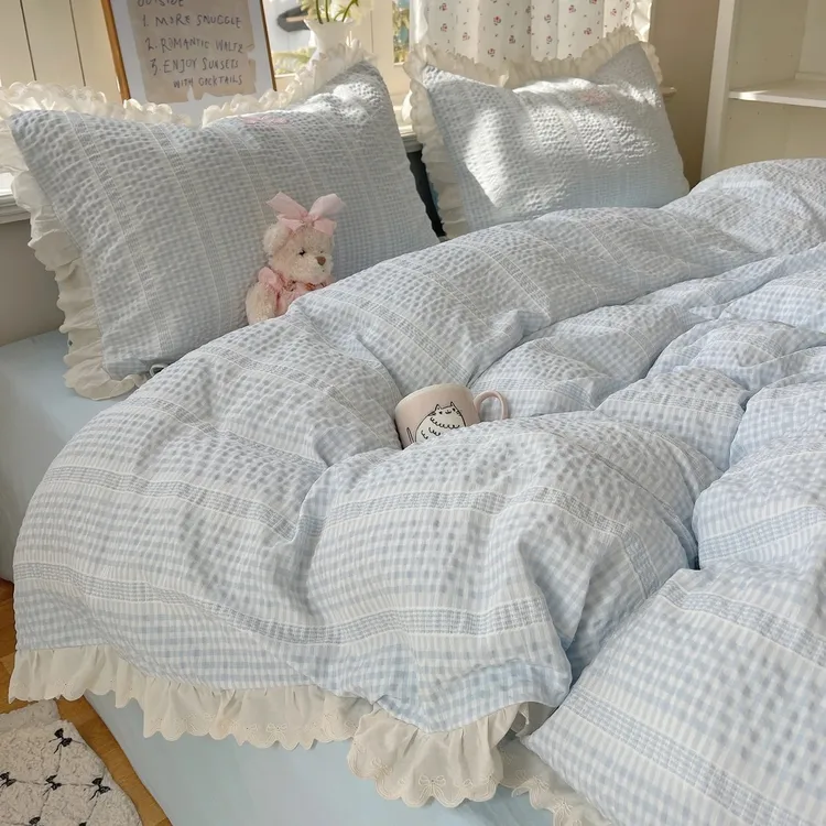 韩系提花泡泡纱水洗棉超柔四件套花边被套床笠学生宿舍床上三件套