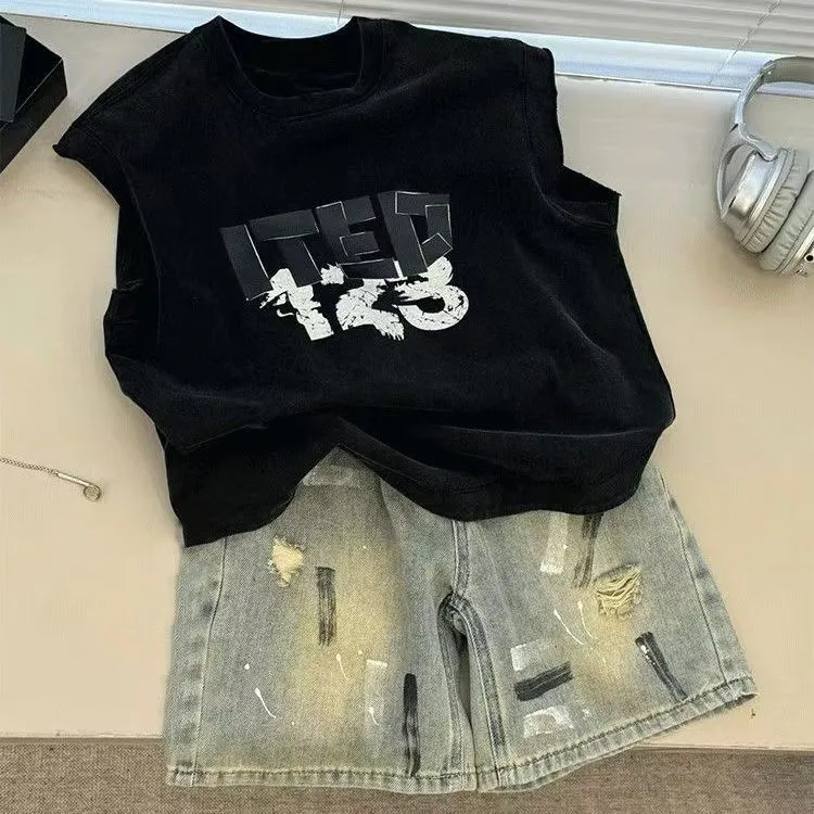 韩国童装男童套装2025爆款春夏洋气时髦背心儿童新品牛仔短裤夏款