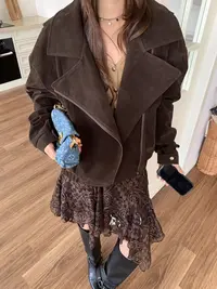 MAR 秋冬新款复古宽松翻领夹克麂皮时髦短款外套女606268