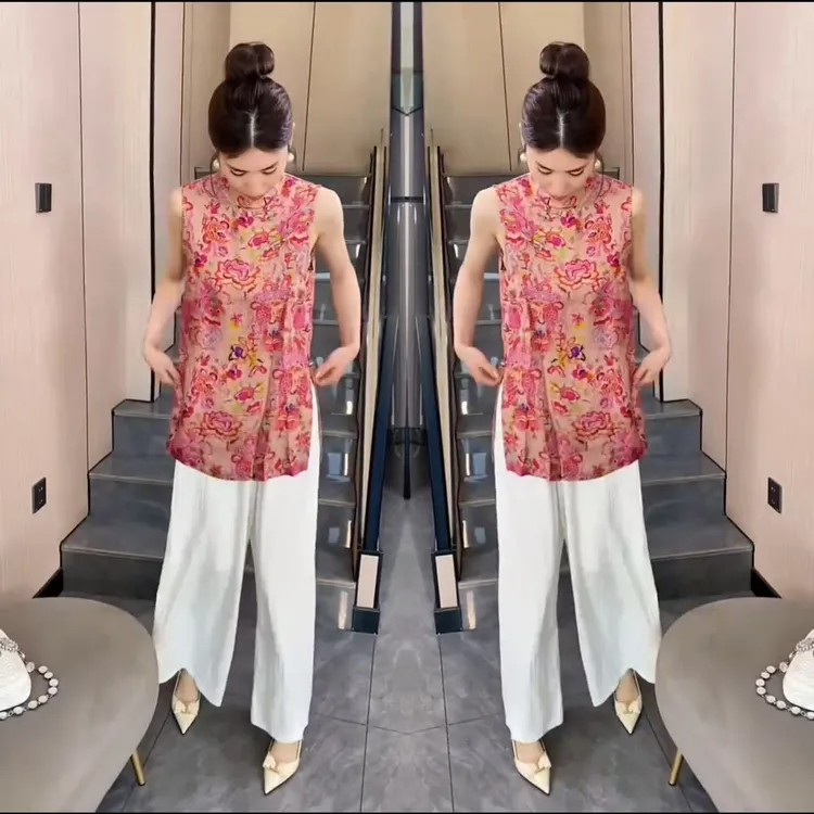 新中式国风2025国风提花无袖中长款上衣搭配阔腿裤夏季清凉套装