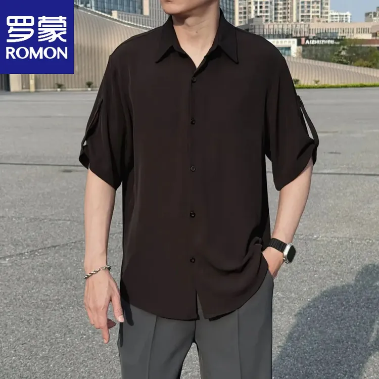 罗蒙2025新款高级感简约纯色痞帅轻熟风男士休闲长袖衬衫黑色衬衫