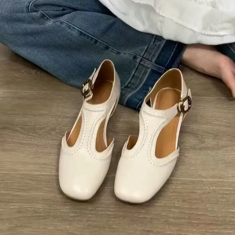 羊皮版~复古侧空透气包头凉鞋女夏季外穿内增高浅口玛丽珍单鞋