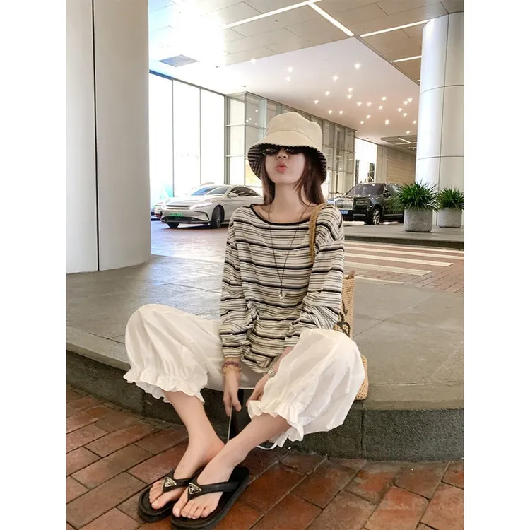 【ZHAP】新款条纹薄款长袖防晒罩衫女宽松慵懒风t恤上衣宽松2025新