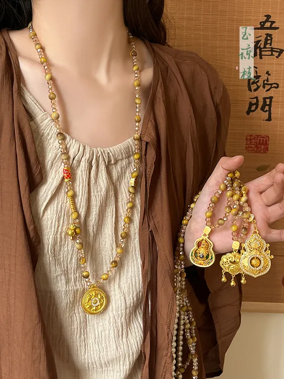 铜合金项链 黄财神金色虎眼石串珠项链女葫芦圆牌吊坠长款毛衣链
