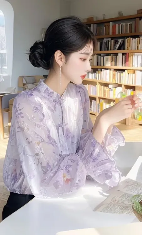 SS1002新中式紫色雪纺衬衫新款独特漂亮气质女士上衣喇叭袖长袖