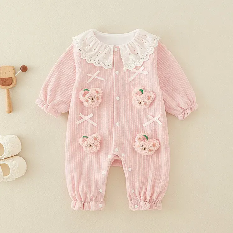 【四只粉熊】婴儿春秋装双层连体衣粉色小熊甜美公主哈衣外出服