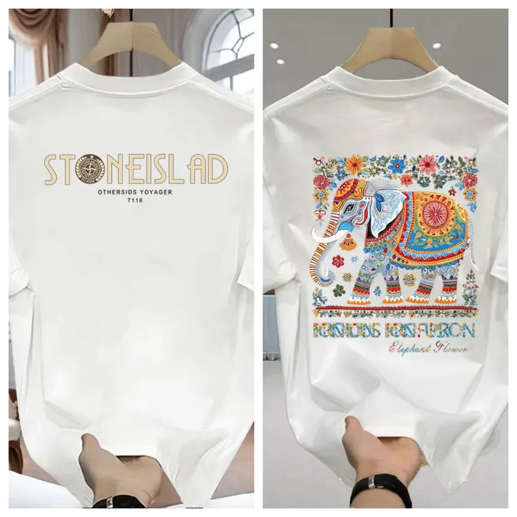 帅气男士精美个性印花男短袖纯棉220克紧密赛络纺修身潮流搭配男