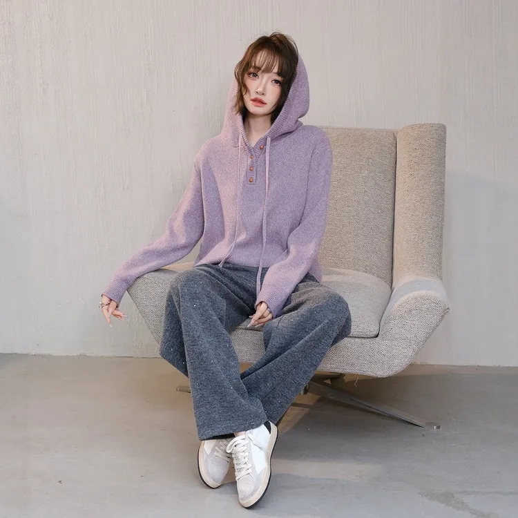 MIUCO紫色连帽针织加厚卫衣半开襟休闲百搭毛衣内搭外穿上衣女冬