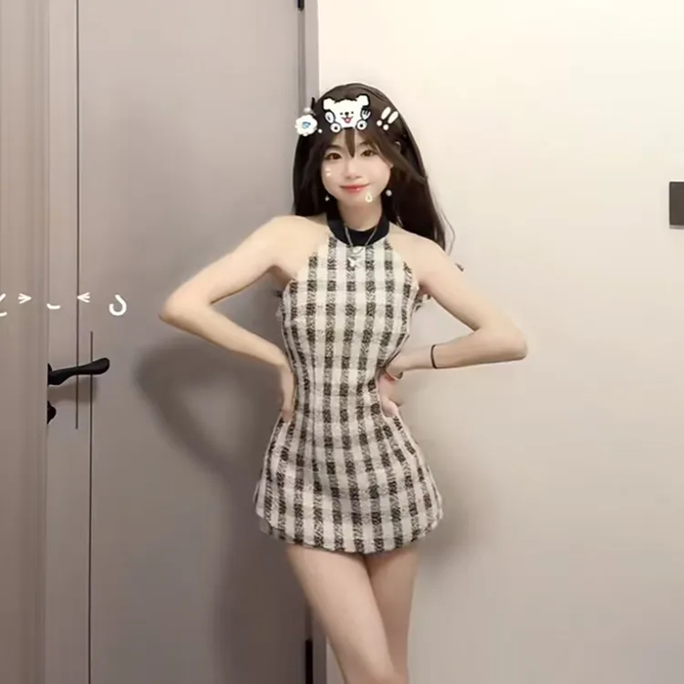 【B Y】千金风复古格子美背蝴蝶结挂脖性感包臀连衣裙短款裤子套装