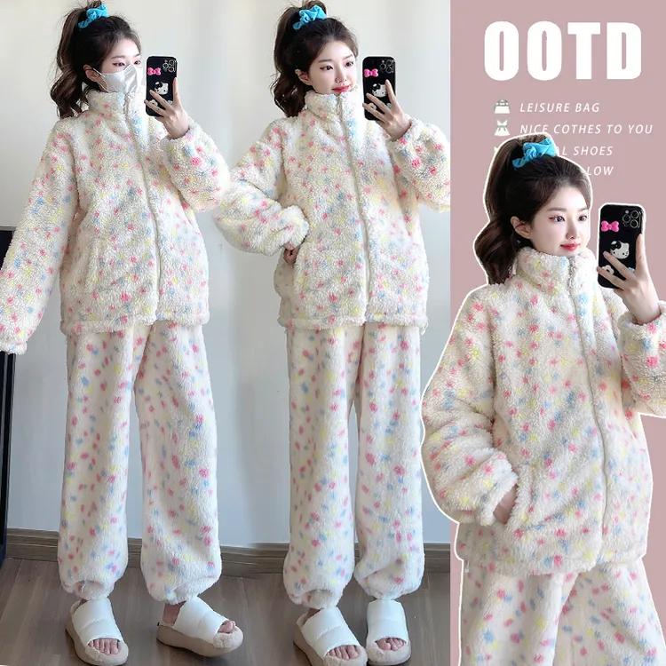 孕妇装秋冬装时尚波点长袖上衣保暖宽松珊瑚绒连帽套装睡衣冬季潮