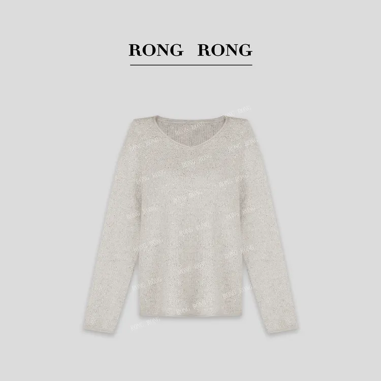 溶溶【璀璨星河】RONGRONG 绵羊毛兔毛亮片纱混纺V领保暖毛衣6753