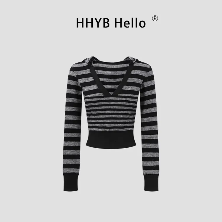 HHYB Hello复古连帽条纹长袖T恤女2025早秋新款显瘦上衣250720