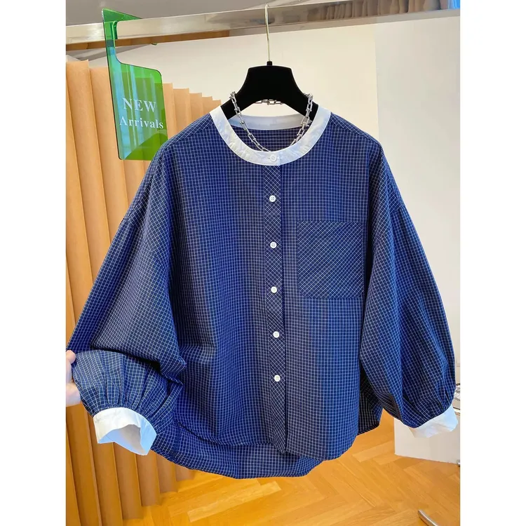 韩系减龄小格子衬衫女长袖上衣女新款春秋装宽松衬衣灯笼袖外套女