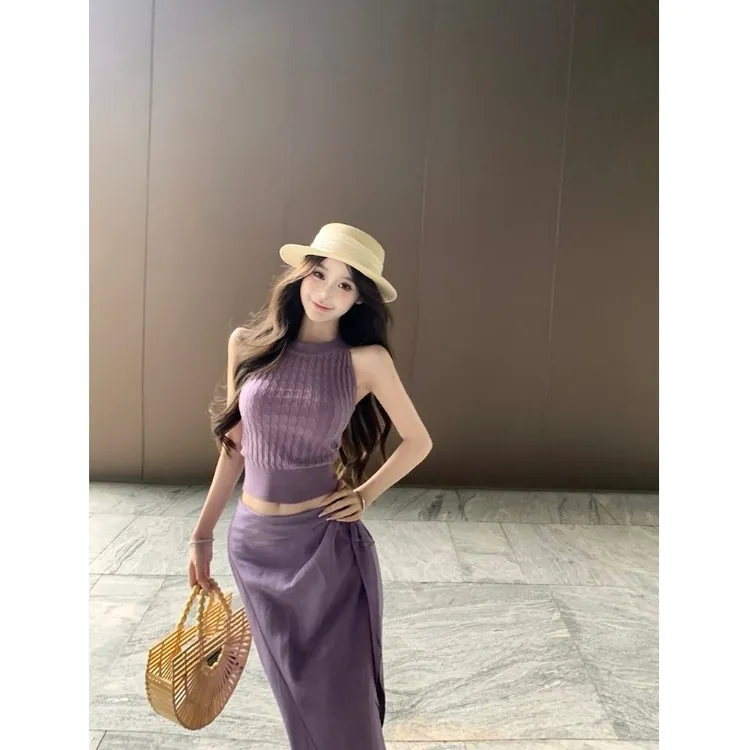 气质紫色包两件套背心长裙针织高腰臀夏季半身套装时尚女无袖系带