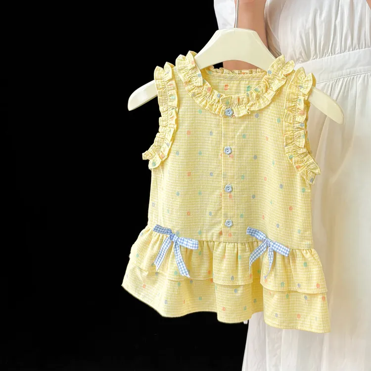 儿童连衣裙2025年夏款韩版木耳边领口双层摆女宝宝洋气蝴蝶背心裙