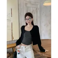 韩系小众撞色条纹吊带背心套装女秋季气质长袖开衫短款外套两件套