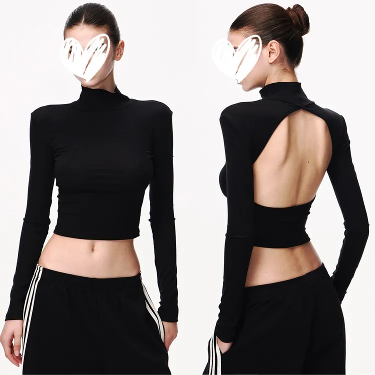 美式辣妹黑色半高领设计感镂空露背长袖T恤修身气质打底衫上衣女