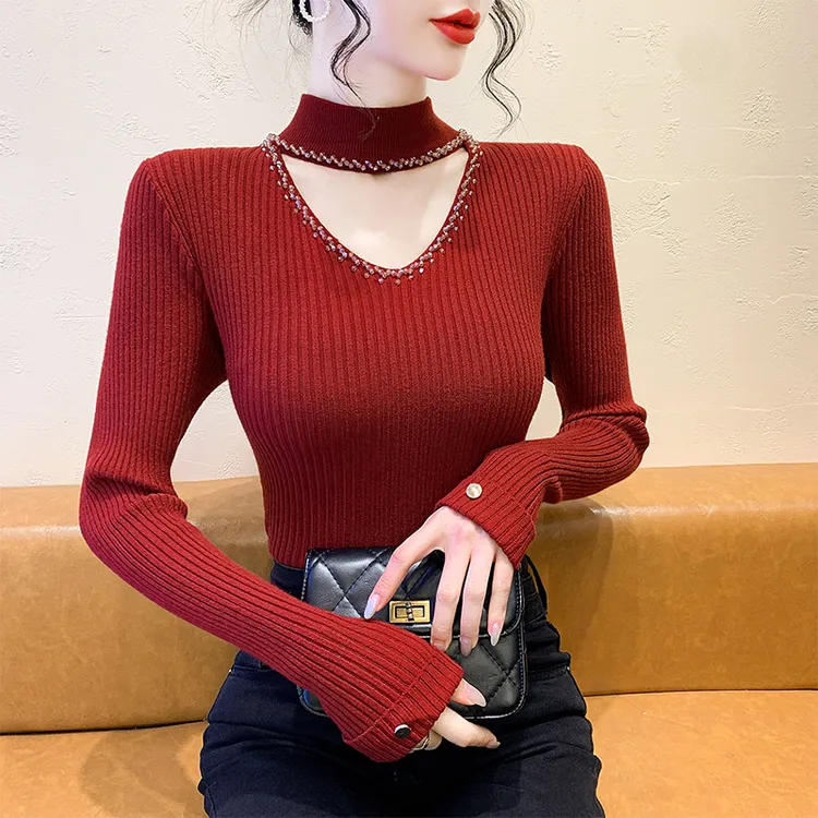 绝美钉珠高级打底衫女秋冬法式喇叭袖针织衫内搭修身毛衣洋气上衣