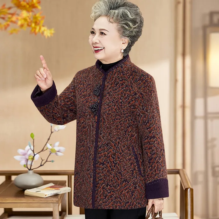 中老年人春秋装女妈妈外套奶奶加厚呢子大衣秋季衣服老人太太毛呢