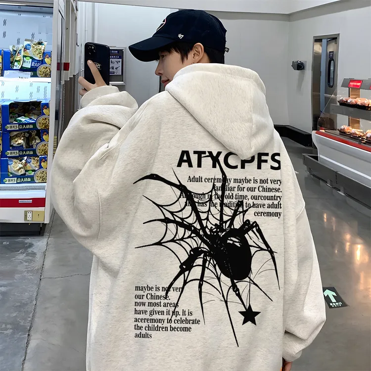 秋冬加绒加厚重磅连帽卫衣设计感蜘蛛网潮牌外套新款宽松男装上衣