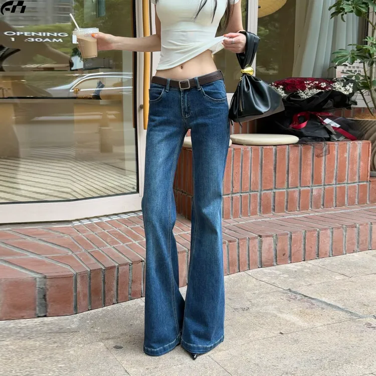 大码美式蓝色蓝宽松牛仔裤女秋冬高腰微喇马蹄直筒显瘦阔腿长裤子