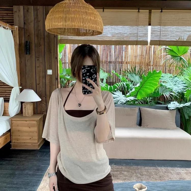 两件套装甜辣妹微透罩衫遮肉短袖T恤女宽松上衣叠穿吊带背心