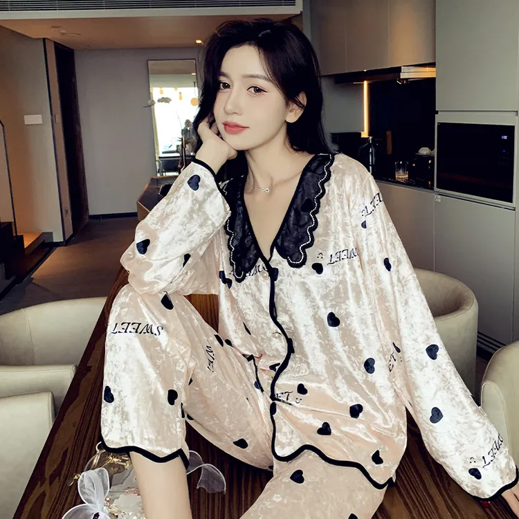 睡衣女士春秋新款大码翻领网红款桃心秋冬季性感家居服套装26