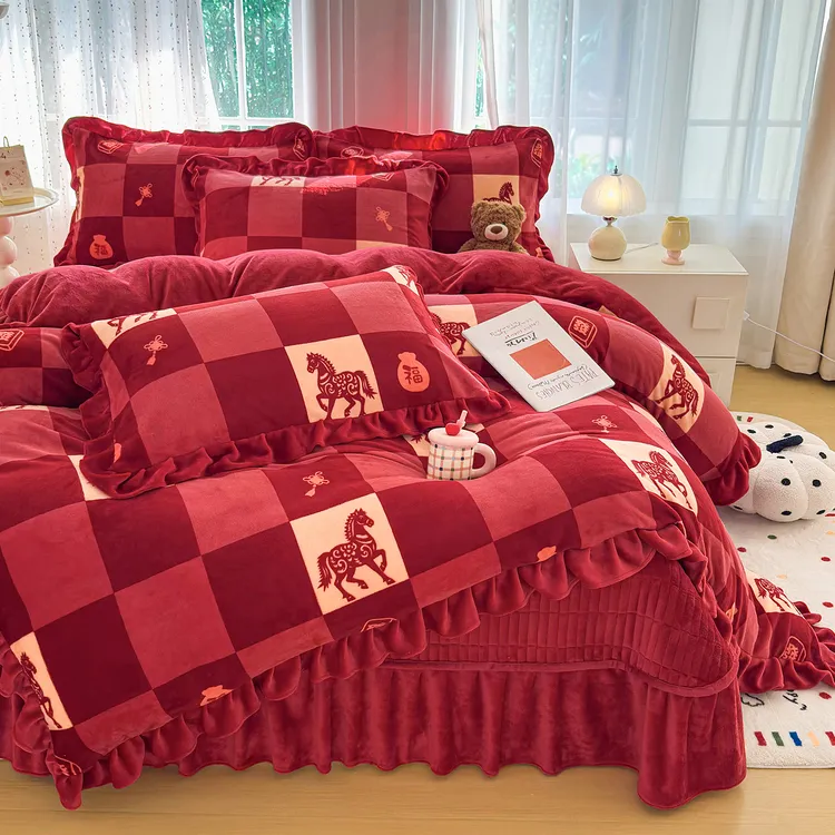 法式花边牛奶绒加厚床盖四件套冬季韩式高克重双面绒被套防滑被罩