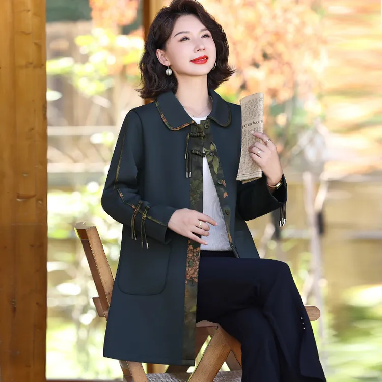 罗蒙洋气妈妈秋装外套新款贵夫人品牌上衣中老年春秋中长款风衣女