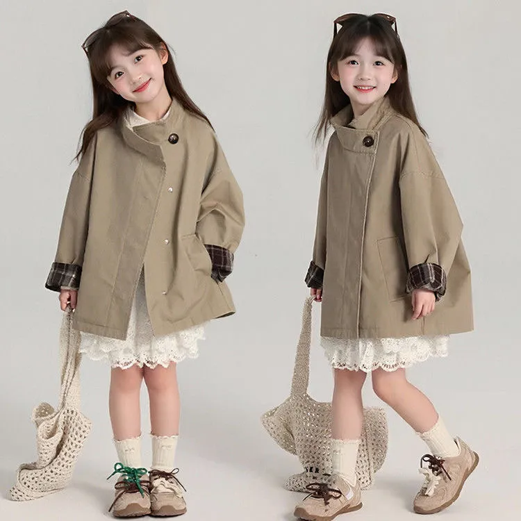 英国MK&DK 女童上衣2025新款儿童春秋休闲复古风衣纽扣外套中长款