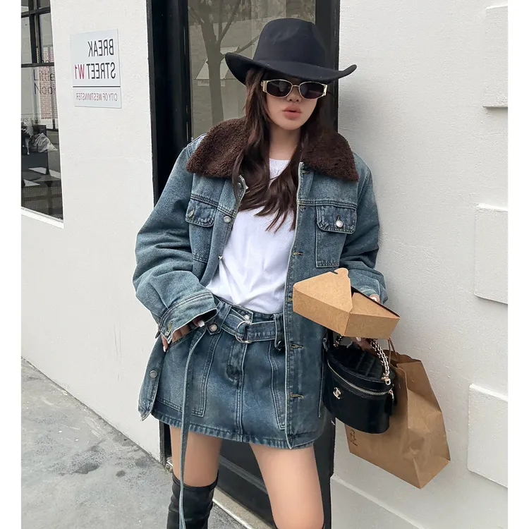 复古加棉加厚保暖时尚毛领牛仔套装宽松工装外套短裙显瘦两件套