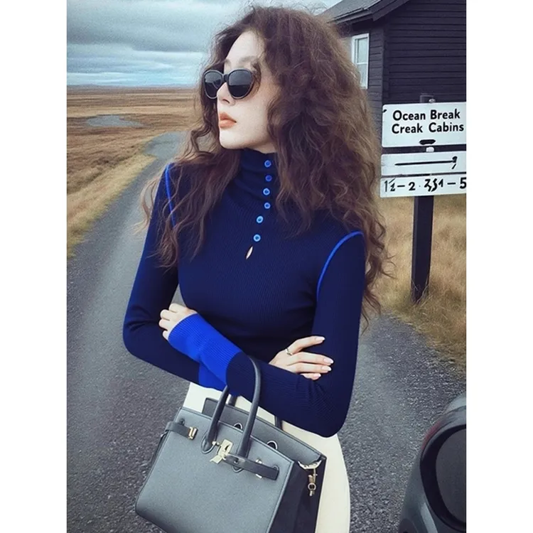 秋冬蓝色轻奢显瘦高领针织打底衫女内搭高级设计感修身上衣巨好看