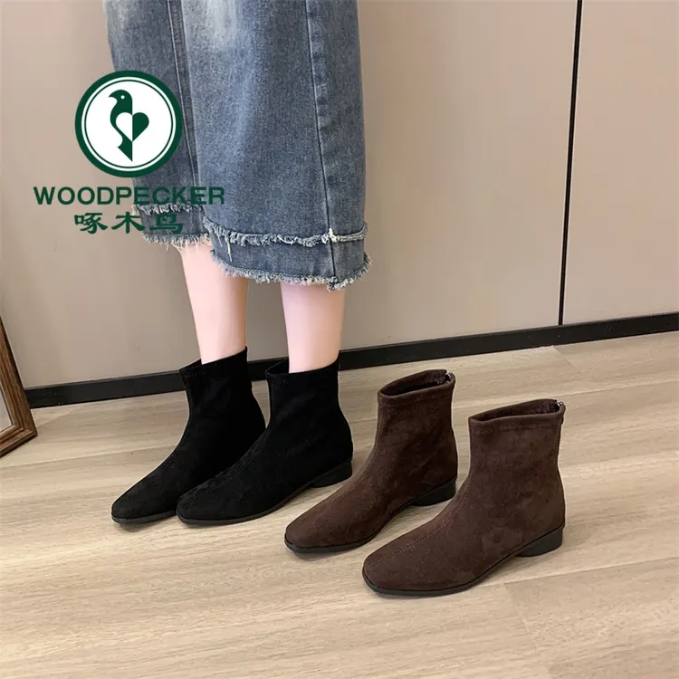 啄木鸟高级感复古洋气小短靴女2025秋冬粗跟瘦瘦靴法式绒面小踝靴