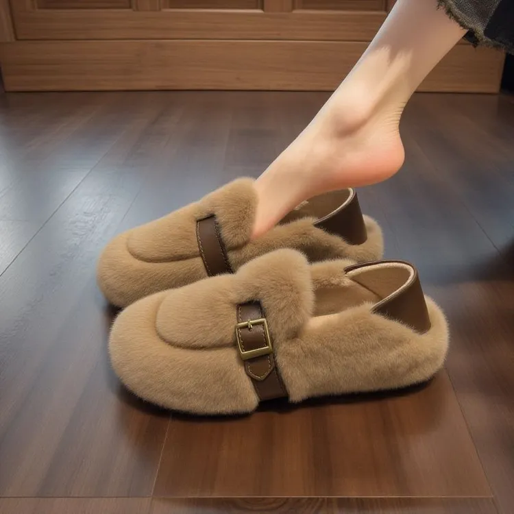 小香风水貂绒毛毛鞋女冬季外穿欧货加绒雪地靴软底一脚蹬豆豆棉鞋