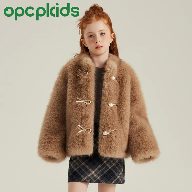 OPCP儿童仿狐狸毛外套秋冬新款女童轻奢短款开衫毛毛大衣OP2505H