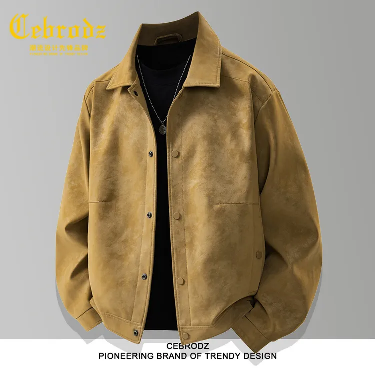 法国Cebrodz复古翻领皮衣夹克男秋冬款宽松休闲工装时尚大码外套