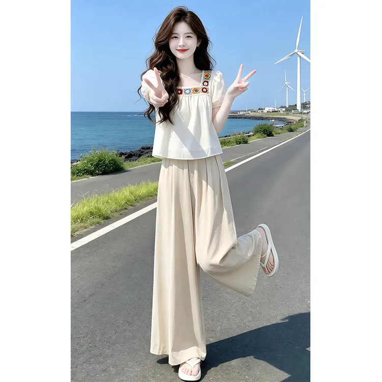 霖优【浪漫满屋】初夏绝美套装女松弛感法式方领衬衫阔腿裤子两件套