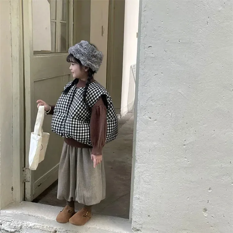 韩版儿童秋冬加厚格子马甲冬季保暖夹棉坎肩洋气男女童百搭背心潮