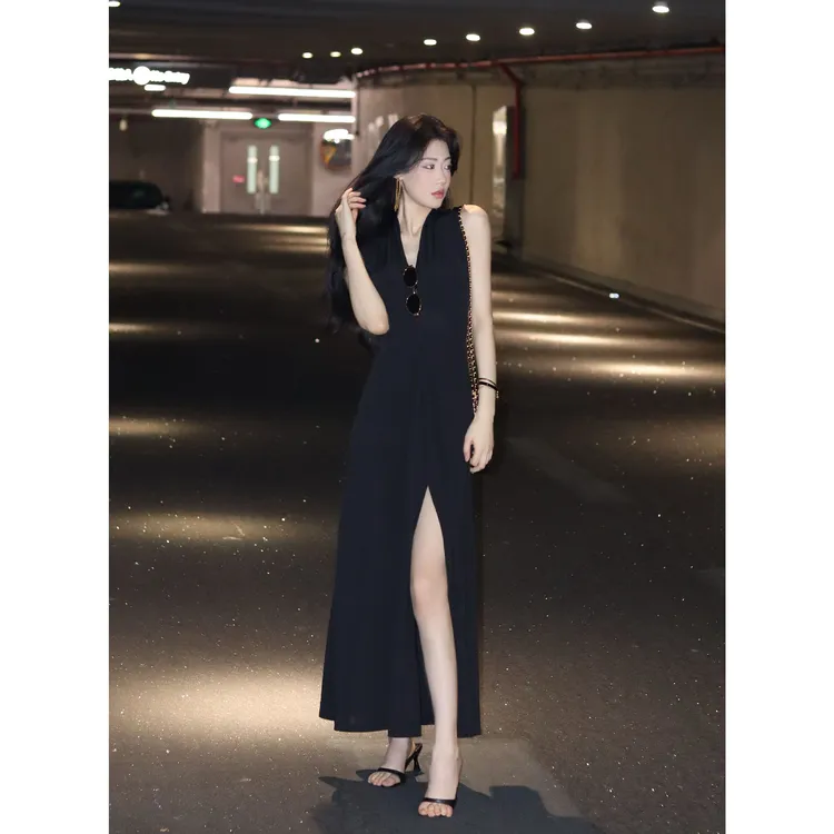 JIJINQI夏季无袖A字裙V领中长款晚礼服夏小众连衣裙JD06LZPT1434