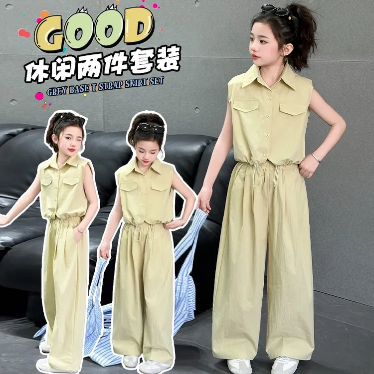 中大童韩版休闲夏季套装女孩洋气夏装韩范短袖两件套森系女童服装