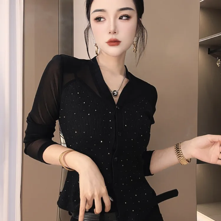 莎火火-秋装新款修身显瘦百搭烫钻小开衫女上衣3055