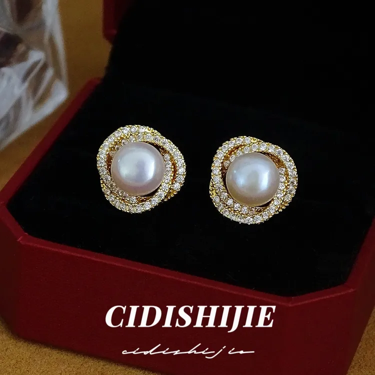 0175-天然淡水珍珠复古玫瑰缠绕耳钉女金色珍珠耳钉