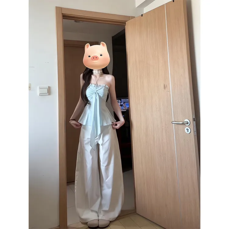 木耳边飘带蓝色抹胸背心外穿修身无袖上衣牛仔阔腿裤直筒裤女夏季