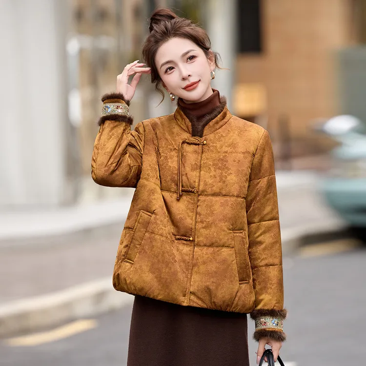 新中式国风提花真水貂毛拼接羊毛棉服女2025冬季新款高端洋气外套