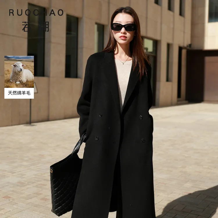 【100绵羊毛】三彩大码女装2025冬季长款双面呢大衣外套胖MM