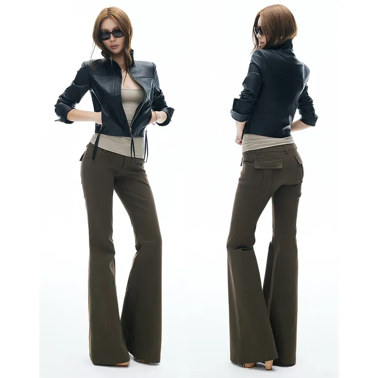 美式辣妹橄榄绿微喇休闲裤女秋季新款低腰显瘦不贴腿运动喇叭裤子