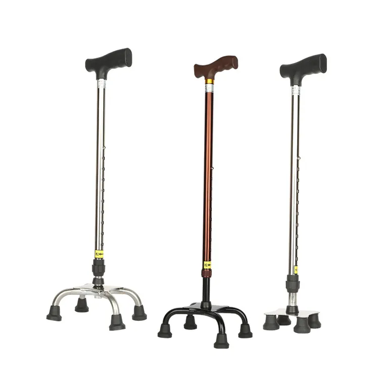 不锈钢拐杖老人拐杖老年四脚拐棍多功能四角防滑手杖登山扙伸缩款