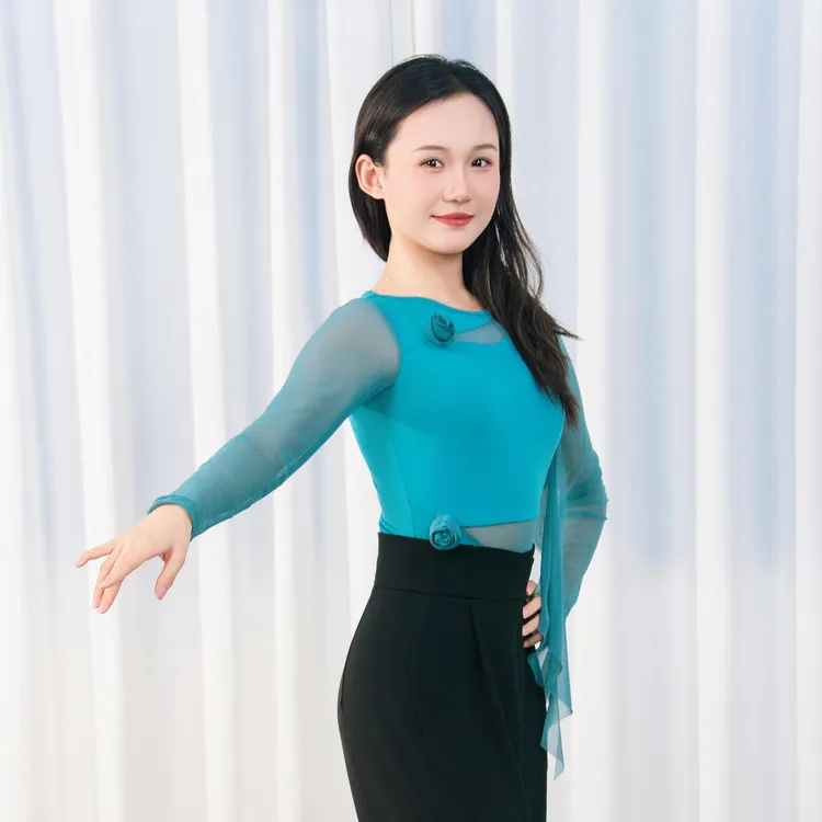 摩登舞新款立体花朵连体衣舒适女士交谊舞飘纱国标舞服广场舞服