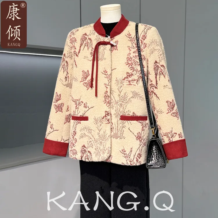 妈妈冬装新中式短款毛呢外套2025新款中老年女秋冬国风仿貂绒大衣